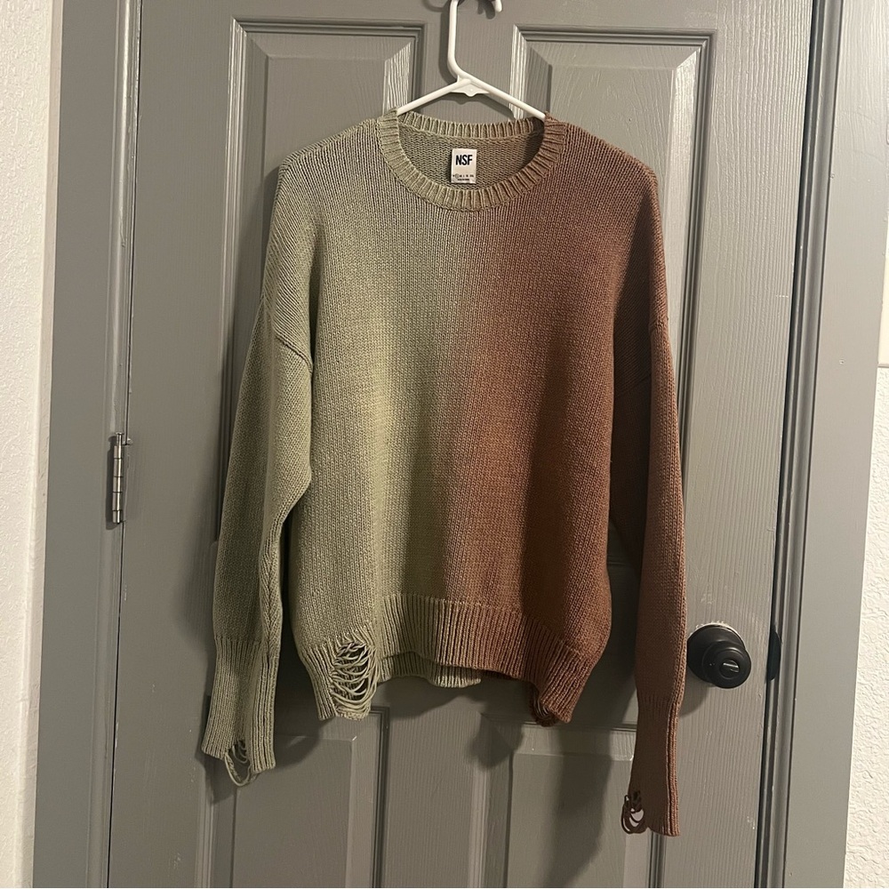 NSF Distressed Two Tone Brown and Green Sweater Retro Earth Tone